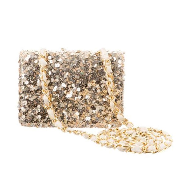 CHANEL CLASSIC FLAP RARE MICRO MINI VINTAGE GOLD SEQUIN & MICROFIBER CROSSBODY - Picture 3 of 8